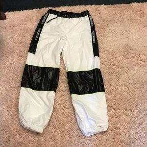 White black and lime green cargo pants